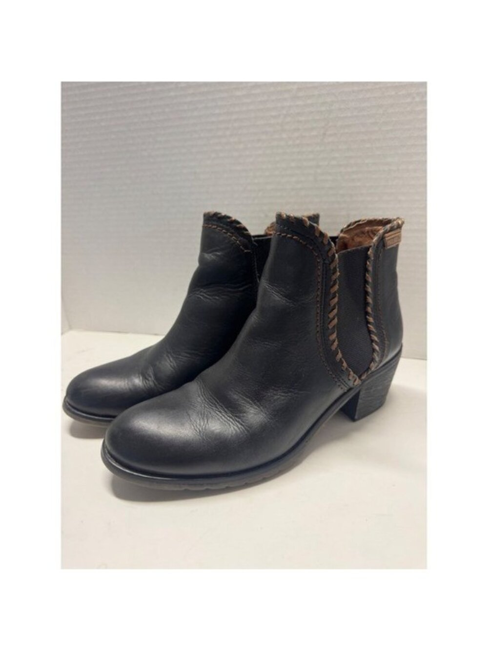 Pikolinos Black Leather Whipstitch Ankle Boots Block Heel Size 37 6.5